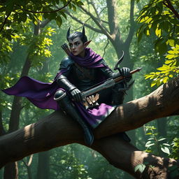 A dark elf ranger sitting thoughtfully on a thick tree branch in a dense, vibrant forest