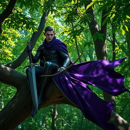 A dark elf ranger sitting thoughtfully on a thick tree branch in a dense, vibrant forest