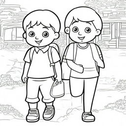 A fun and inclusive colouring book page featuring a boy and a girl each carrying a school bag, ready for a day of learning.