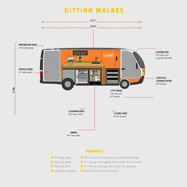 A comprehensive design layout of a minivan converted into a cocktail bar, including specific dimensions for each area: 
- Preparation Area: 5 feet long by 2