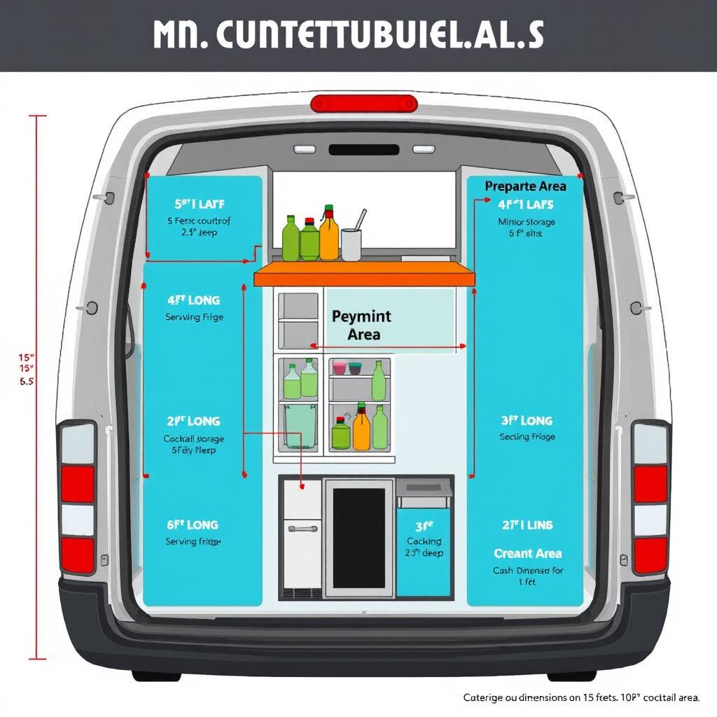 A comprehensive design layout of a minivan converted into a cocktail bar, including specific dimensions for each area: 
- Preparation Area: 5 feet long by 2