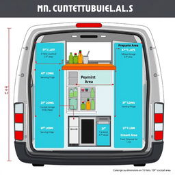 A comprehensive design layout of a minivan converted into a cocktail bar, including specific dimensions for each area: 
- Preparation Area: 5 feet long by 2