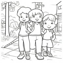 A fun and inclusive colouring book page featuring a boy and a girl each carrying a school bag, ready for a day of learning.