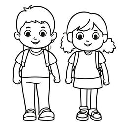 A fun and inclusive colouring book page featuring a boy and a girl each carrying a school bag, ready for a day of learning.