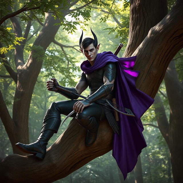 A male dark elf ranger sitting poised on a thick tree branch in a vibrant, dense forest