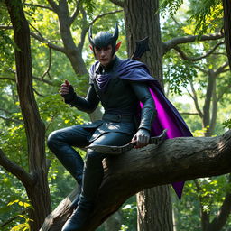 A male dark elf ranger sitting poised on a thick tree branch in a vibrant, dense forest
