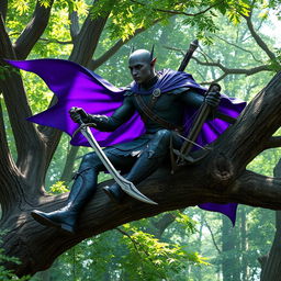 A male dark elf ranger sitting poised on a thick tree branch in a vibrant, dense forest