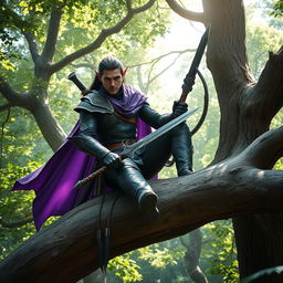 A male dark elf ranger sitting poised on a thick tree branch in a vibrant, dense forest