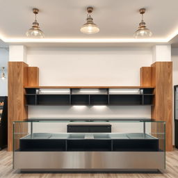 Interior of a pastry shop featuring a frontal view of the counter made of glass and stainless steel