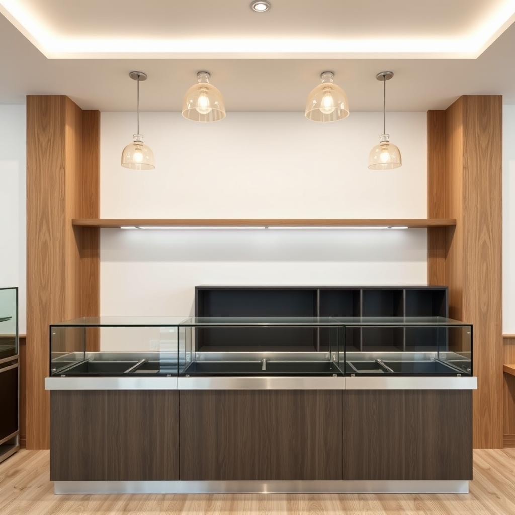 Interior of a pastry shop featuring a frontal view of the counter made of glass and stainless steel