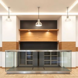 Interior of a pastry shop featuring a frontal view of the counter made of glass and stainless steel