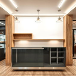 Interior of a pastry shop featuring a frontal view of the counter made of glass and stainless steel