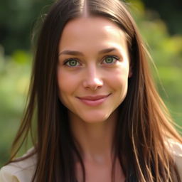 A 30-year-old woman named Sari, embodying natural beauty and a calm aura