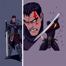 Three pixel art images of Guts from the manga Berserk