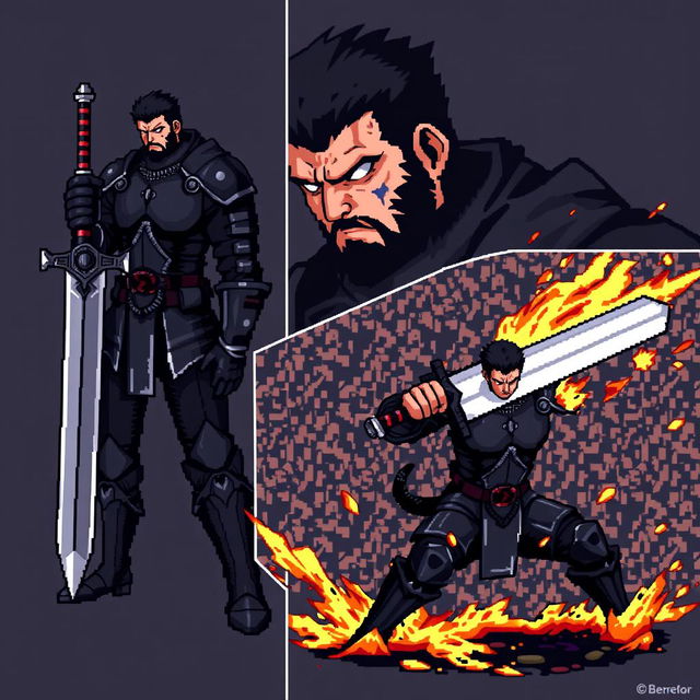 Three pixel art images of Guts from the manga Berserk