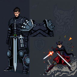 Three pixel art images of Guts from the manga Berserk