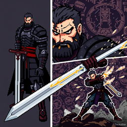 Three pixel art images of Guts from the manga Berserk