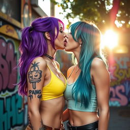 Two slender lesbians with colorful hair locked in a passionate kiss, their tongues playfully intertwined