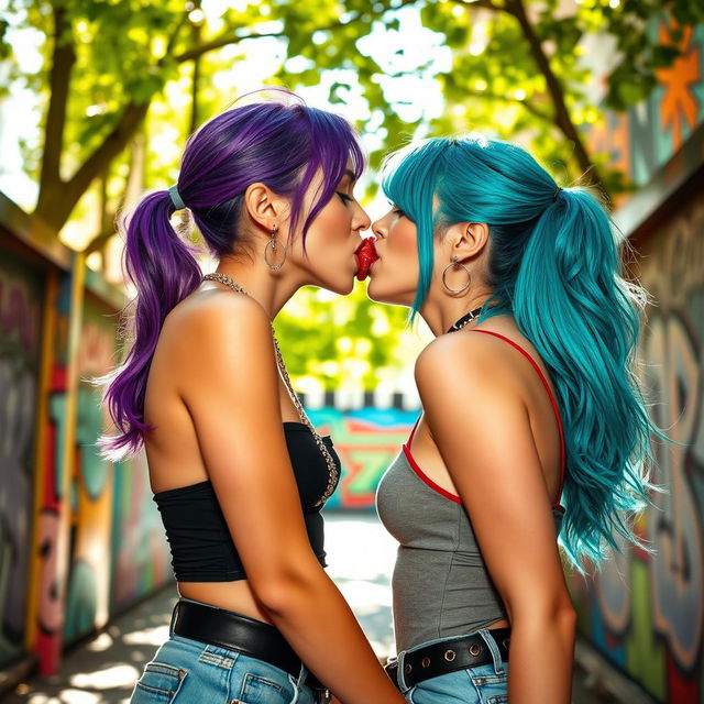 Two slender lesbians with colorful hair locked in a passionate kiss, their tongues playfully intertwined