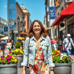 A 35-year-old woman of European descent strolling through a vibrant city street on a sunny day, dressed in casual yet stylish clothing