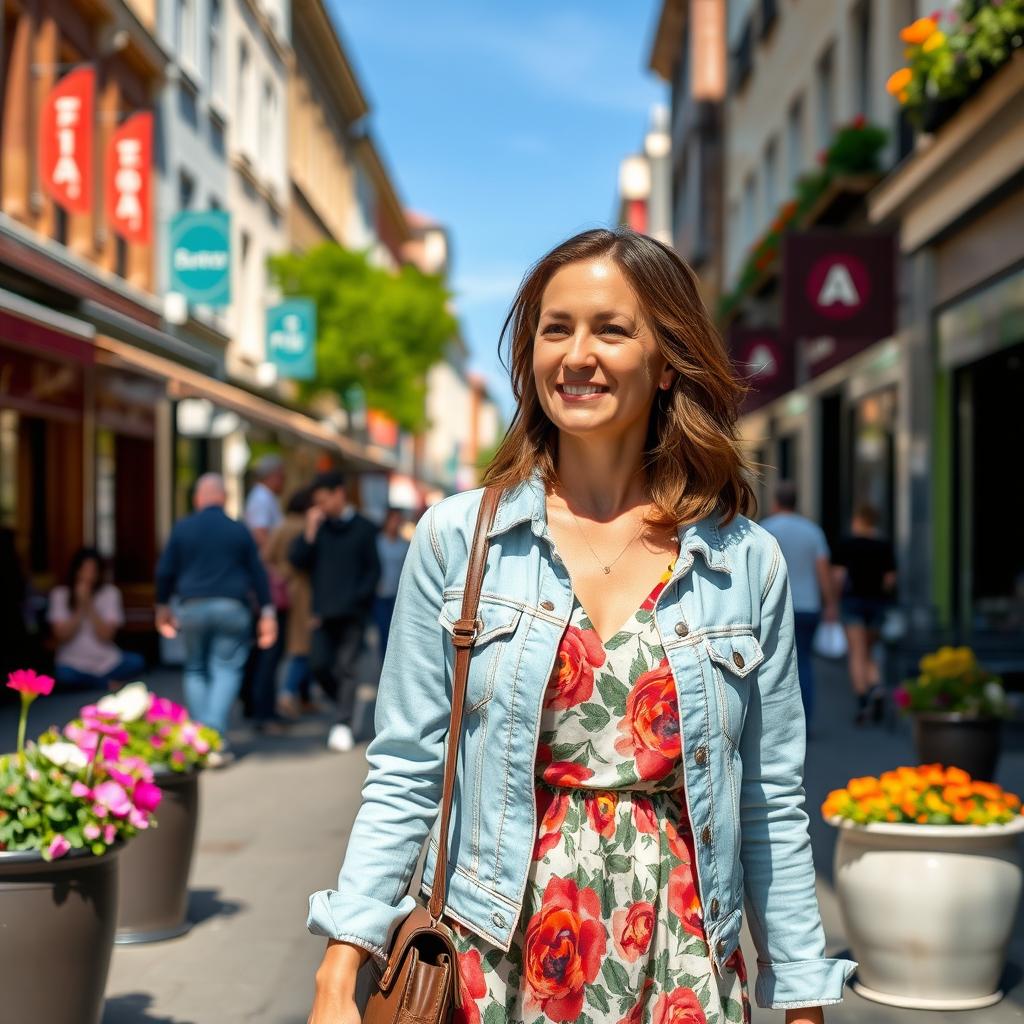 A 35-year-old woman of European descent strolling through a vibrant city street on a sunny day, dressed in casual yet stylish clothing