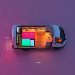 A 3D design layout of a minivan converted into a cocktail bar, with all measurements specified in centimeters