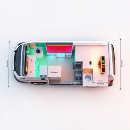 A 3D design layout of a minivan converted into a cocktail bar, with all measurements specified in centimeters