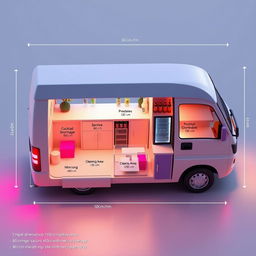 A 3D design layout of a minivan converted into a cocktail bar, with all measurements specified in centimeters