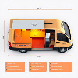 A 3D design layout of a minivan converted into a cocktail bar, with all measurements specified in centimeters