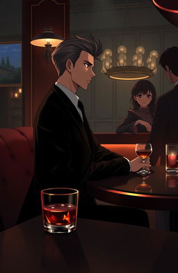 A handsome, stylish anime gentleman with perfectly styled hair, dressed in a sharp black suit, sits elegantly at the last dimly lit table of a classy bar