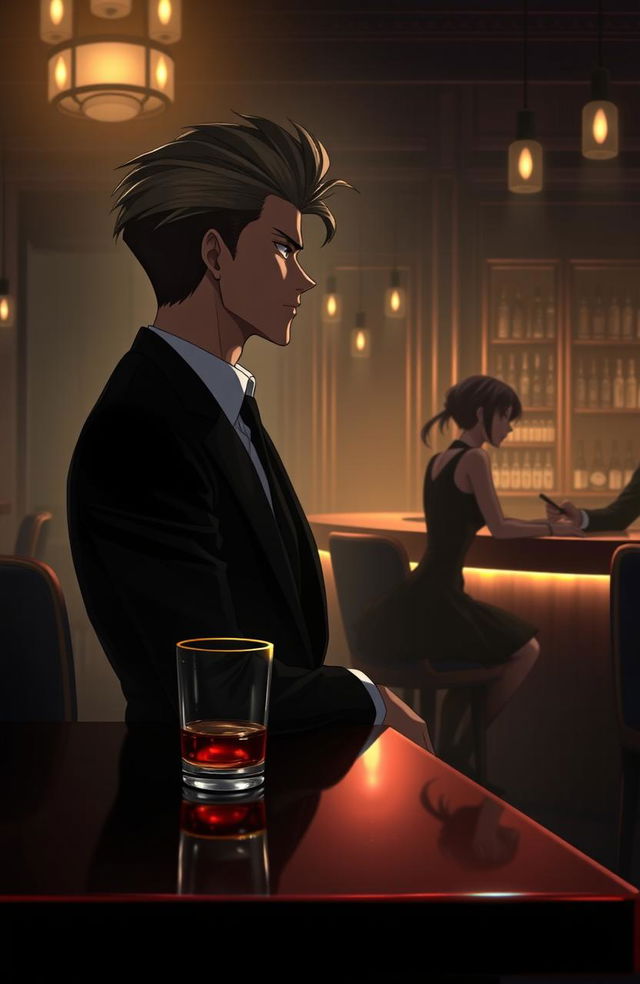 A handsome, stylish anime gentleman with perfectly styled hair, dressed in a sharp black suit, sits elegantly at the last dimly lit table of a classy bar