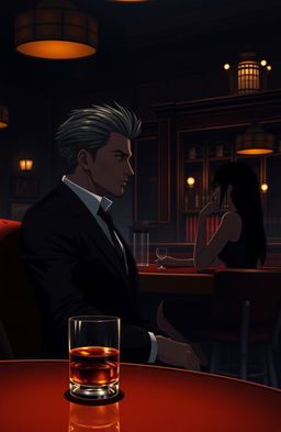 A handsome, stylish anime gentleman with perfectly styled hair, dressed in a sharp black suit, sits elegantly at the last dimly lit table of a classy bar