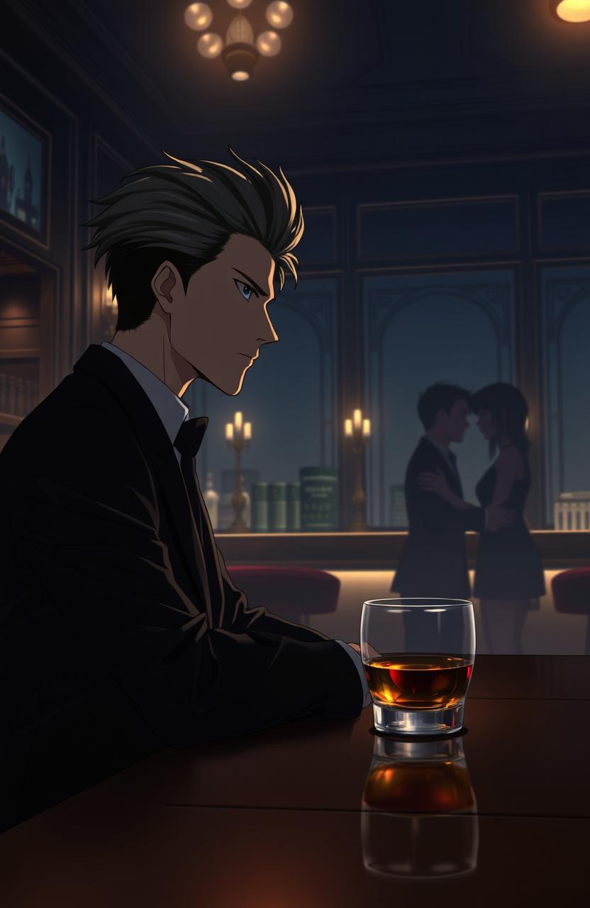 A handsome, stylish anime gentleman with perfectly styled hair, dressed in a sharp black suit, sits elegantly at the last dimly lit table of a classy bar