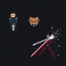 Three highly pixelated images of Guts from the manga Berserk, with a very low resolution effect to emphasize the pixel art style
