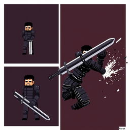 Three highly pixelated images of Guts from the manga Berserk, with a very low resolution effect to emphasize the pixel art style