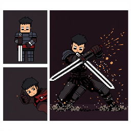 Three highly pixelated images of Guts from the manga Berserk, with a very low resolution effect to emphasize the pixel art style