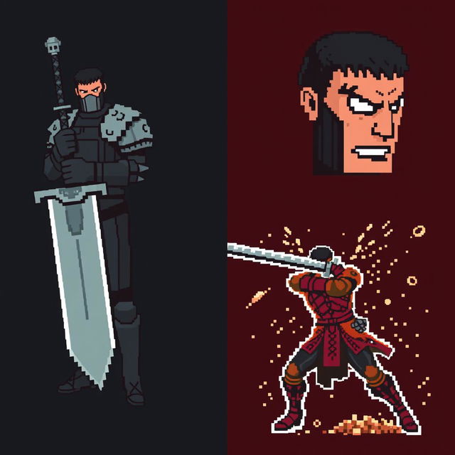 Three highly pixelated images of Guts from the manga Berserk, with a very low resolution effect to emphasize the pixel art style