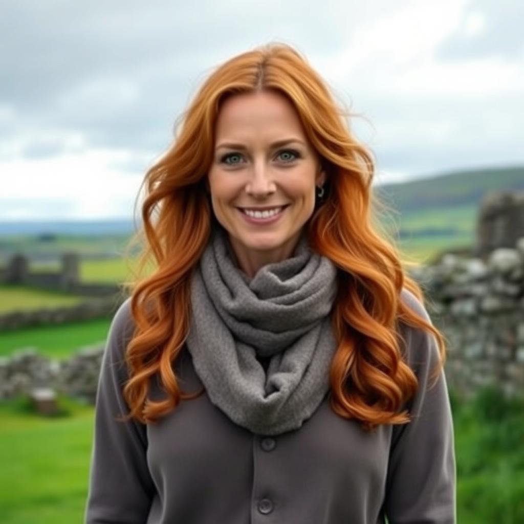 A 40-year-old woman with authentic Irish features, including bright green eyes and flowing auburn hair, dressed in elegant yet relaxed contemporary clothing that reflects her heritage