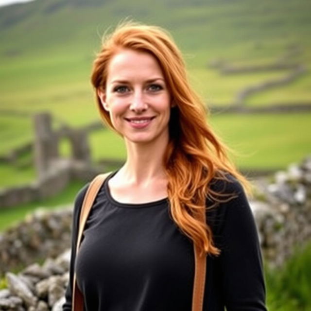 A 40-year-old woman with authentic Irish features, including bright green eyes and flowing auburn hair, dressed in elegant yet relaxed contemporary clothing that reflects her heritage