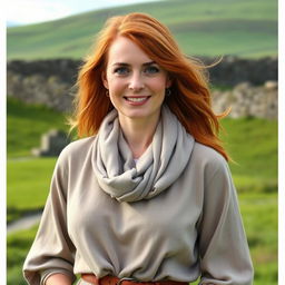 A 40-year-old woman with authentic Irish features, including bright green eyes and flowing auburn hair, dressed in elegant yet relaxed contemporary clothing that reflects her heritage