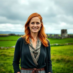 A 40-year-old woman with authentic Irish features, including bright green eyes and flowing auburn hair, dressed in elegant yet relaxed contemporary clothing that reflects her heritage