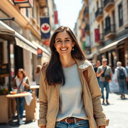 A 35-year-old European woman with dark hair, dressed casually, engaging in everyday life in a vibrant city setting
