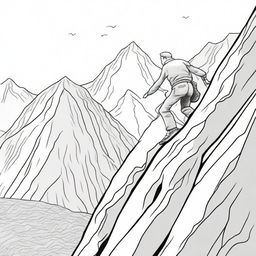 A thrilling colouring book scene showing a determined man adeptly descending a high, intimidating mountain.