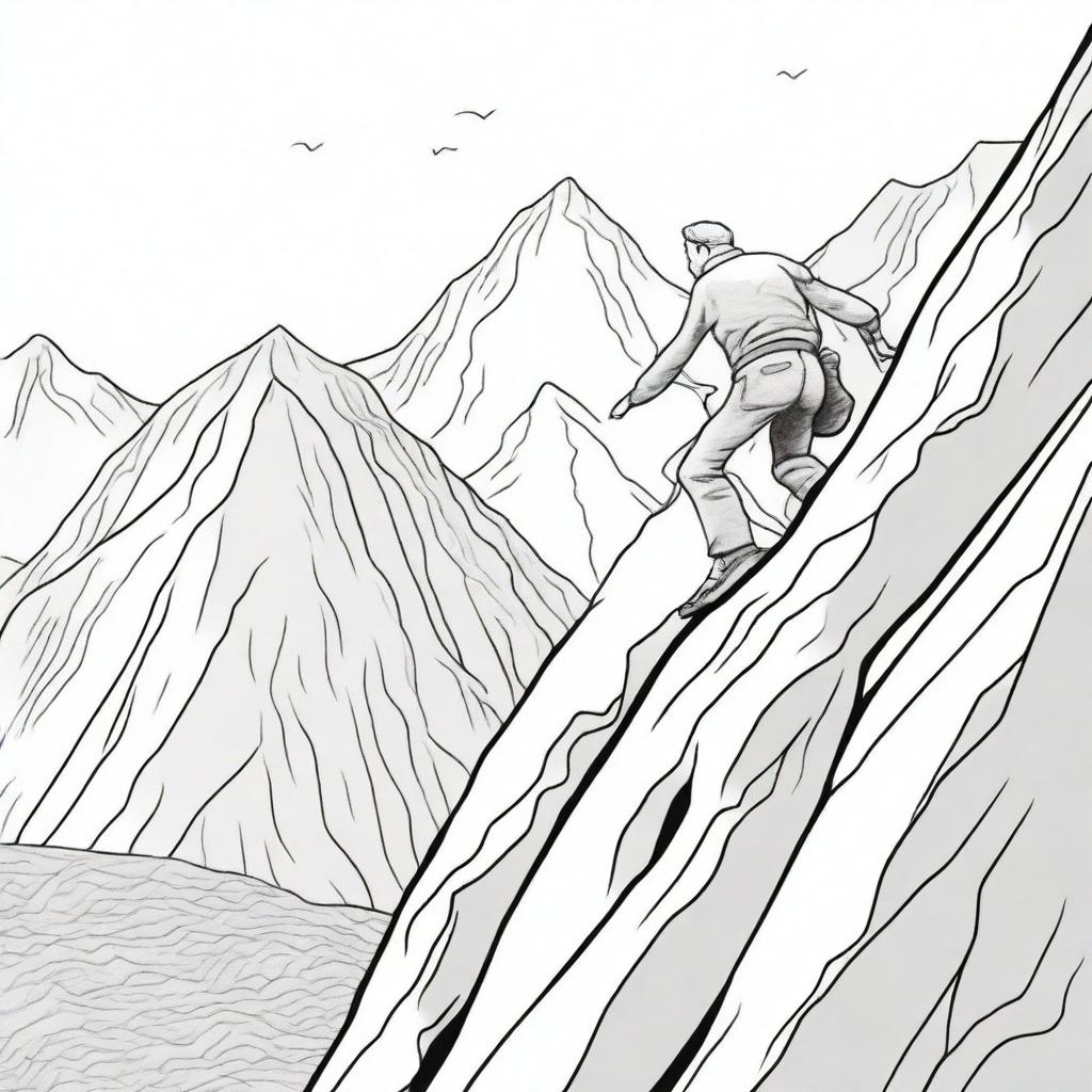 A thrilling colouring book scene showing a determined man adeptly descending a high, intimidating mountain.
