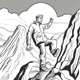 A thrilling colouring book scene showing a determined man adeptly descending a high, intimidating mountain.