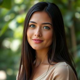 A 30-year-old woman named Sari, embodying natural beauty and a serene aura