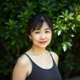 A 43-year-old woman with pale skin and dark hair, showcasing Asian features