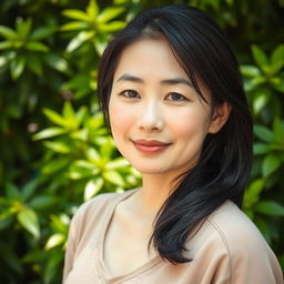 A 43-year-old woman with pale skin and dark hair, showcasing Asian features