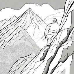 A thrilling colouring book scene showing a determined man adeptly descending a high, intimidating mountain.