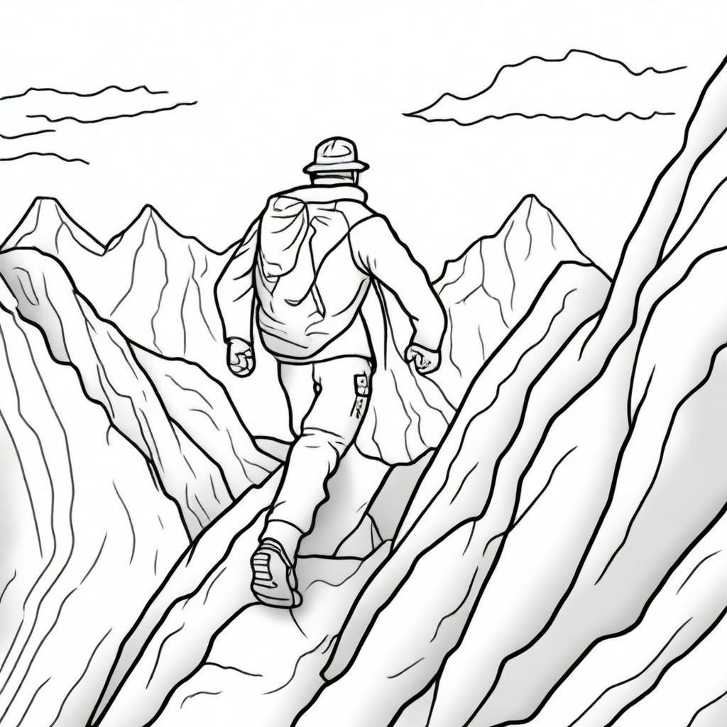 A thrilling colouring book scene showing a determined man adeptly descending a high, intimidating mountain.